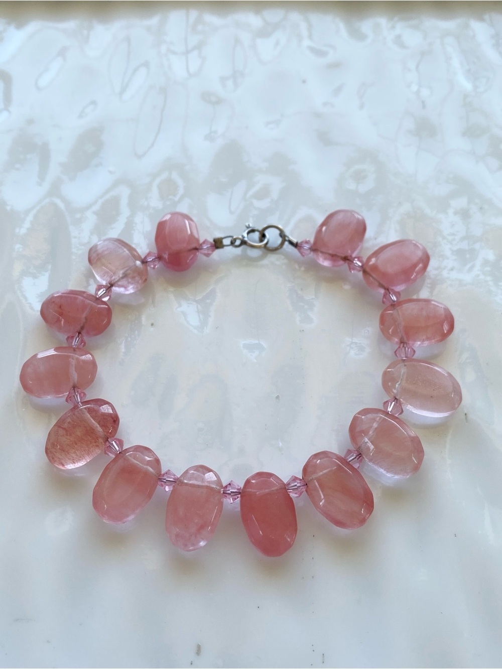 Rose Quartz Bead hand strung Bracelet with crystal accents. Fit up to 7.5 inches - Picture 3 of 10